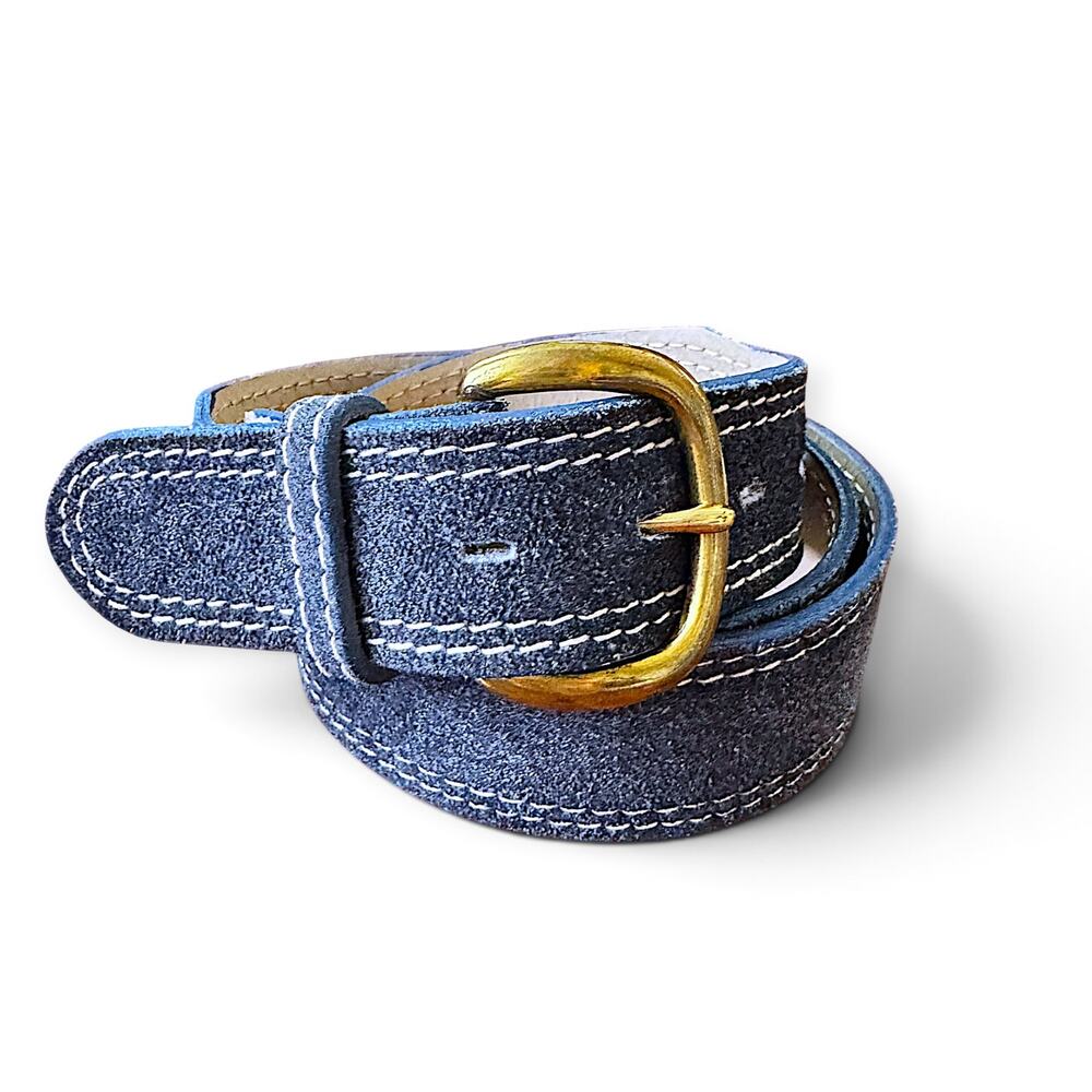 Vintage Blue Cowhide Leather Belt Size 40 Saddle Stitched Brass Buckle Western